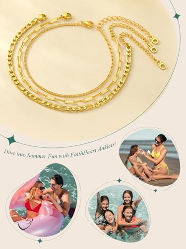 FaithHeart Waterproof Ankle Bracelets for Women, 1/2/3Pcs Non Tarnish Stainless Steel Layered Anklet Set Paperclip Figaro Cuban Link Chain Dainty Summer Beach Jewelry Gift Adjustable Size - style: d.Paperclip Mixed 3Pcs - Gold