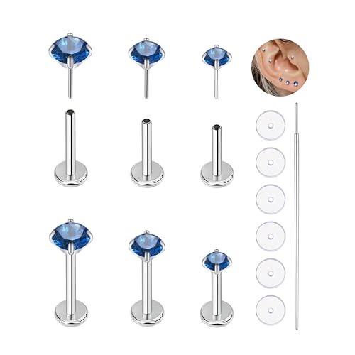 20G Flat Back Earrings Studs 18G Nose Rings 24K Gold Plating 3 Pairs Titanium Threadless 16G Cartilage Earrings for Women Men Tragus Conch Helix Medusa Lip Piercing Jewelry - color: polish dark blue cz, size: 20G