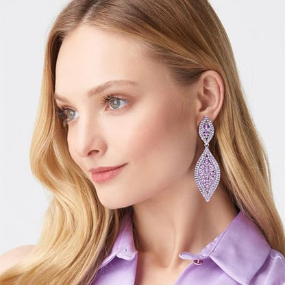 Flyonce Wedding Jewelry Set Rhinestone Crystal Bridal Leaf Necklace Drop Dangle Chandelier Earrings Sets for Women - color: Purple