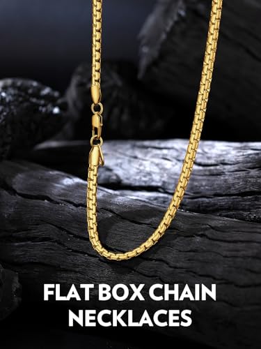Bandmax Solid Stainless Steel Flat Box Link Chains 2MM/4MM/6MM/8MM Silver/Gold/Black Rolo Cable Chain Necklaces for Men Women 14"-30" Length, Gift Packed - color: 06 4MM-14K Gold Plated