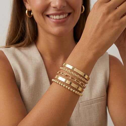 PLOMFOV Gold Bracelets for Women Stack Non Tarnish 14K Gold Plated Chunky Gold Bangles Bracelet Set Beaded Paperclip Chain Cuban Link Dainty Trendy Waterproof Stackable Cuff Bracelets Jewelry Gifts for Women - color: 5Pcs Gold-Band Set