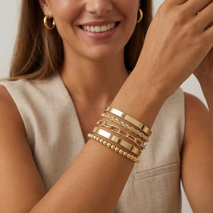PLOMFOV Gold Bracelets for Women Stack Non Tarnish 14K Gold Plated Chunky Gold Bangles Bracelet Set Beaded Paperclip Chain Cuban Link Dainty Trendy Waterproof Stackable Cuff Bracelets Jewelry Gifts for Women - color: 5Pcs Gold-Band Set