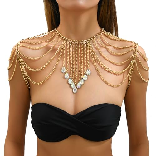 Punk Metal Shoulder Chain Necklace Jewelry Sexy Crystal Tassel Arm Chain Bridal Wedding Multi-layered Shoulder Body Chain Bikini Back Chain Jewelry for Women