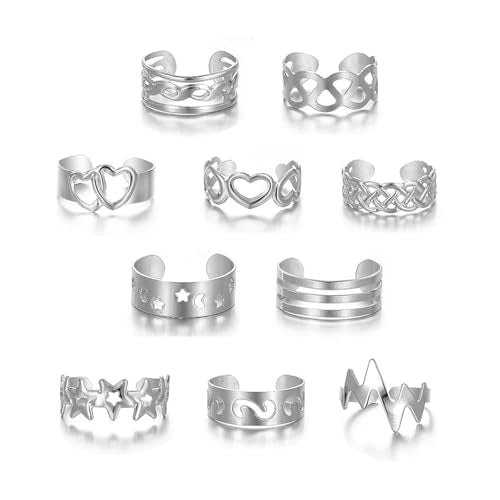 12PCS Toe Rings for Women 14K Gold/Silver Plated Adjustable Toe Ring Set Open Heart Arrow Infinity Rings Beach Foot Jewelry for Summer - color: Silver2