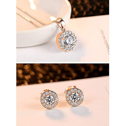 YooAi Jewellery Set Heart Pendant Necklace and Earrings Set Cubic Zirconia Jewellery for Women - color: Round Rose Gold