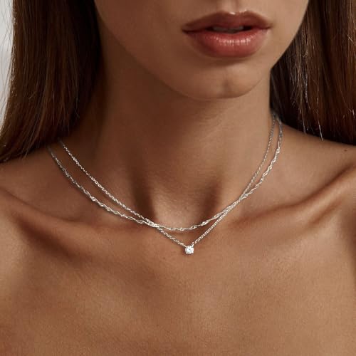 Tewiky Dainty 14k Gold Plated/Silver Cubic Zirconia Necklaces for Women | Simple CZ Jewelry Necklaces Trendy Gifts - color: sterling silver layer CZ