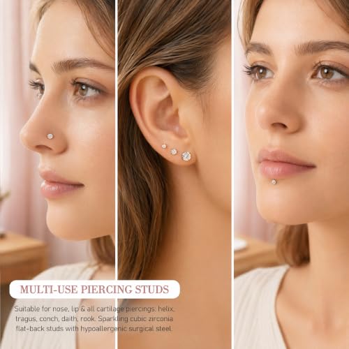 Hypoallergenic Nose Studs Flat Back Screw Ear Studs 18K Gold Plated 316 Stainless Steel, CZ Studs for Nose, Ear, Lip, Vertical Labret Piercing Jewelry, 2-5mm CZ 6-8mm Post with 1 Taper,4 Silicone Pads - color: Gold, size: 4mm