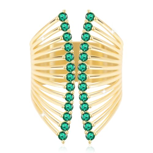 Rhinestone Butterfly Rings for Women, Cubic Zirconia Fake Diamond Adjustable Thumb Ring, Chunky Vintage Gemstone Rings, Available in Gold Plated and Silver Plated - color: Gold, Emerald Green