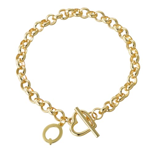 14K Gold Plated Stainless Steel A-Z Alphabet Letter Heart Bracelet | Non-Tarnish Dainty Charm with a Romantic Toggle Clasp Daily Fashion Jewelry, 7-inch Rolo Chain, Personalized Gift for Her - color: Q