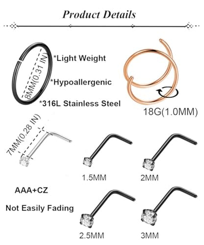 21PCS 18G 20G 22G 316L Stainless Steel Nose Rings Hoop for Women Men Double Nose Ring CZ Nose Stud Piercing Jewelry - color: 18G-Sliver+Rose Gold+Black