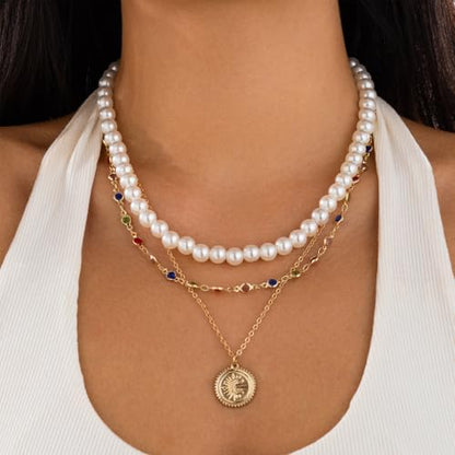 Layered Gold Necklaces for Women Stackable Pearl Coin Choker Necklace Set Colorful Cubic Zirconia Chain Necklaces Trendy Birthday Jewelry Gifts