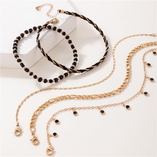 5Pcs Bohemain Layered Beaded Ankle Bracelets for Women,Dainty Stackable Seed Beads Ankle Bracelets Elastic Foot and Hand Chain Jewelry