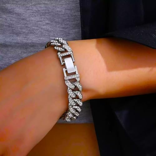 8 PcsCuban Link Chain jewelry sets for Woman with Rhinestone Necklace Bracelet Earrings Bling Diamond chunky Chain Jewelry - color: Silver B, size: 24inch