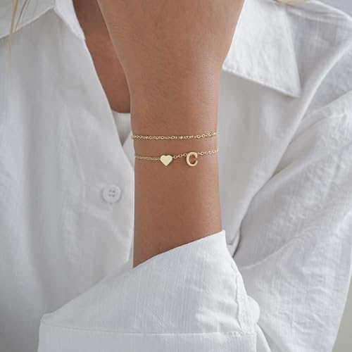 Gold Initial Bracelets for Women Trendy, Dainty Layered 14K Gold Plated Heart Letter Charm Bracelets, letter beads for name bracelets Jewelry Gifts - color: Gold-C