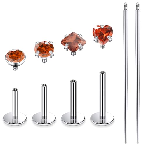 Titanium Flat Back Lip Rings Internally Threaded Earrings Studs Nose Rings 20G 18G 16G Round Heart Square CZ Tragus Cartilage Lobe Rook Helix Conch Labret Medusa Piercing Jewelry for Women Men - color: Orange CZ, size: 20G-6/8/10mm
