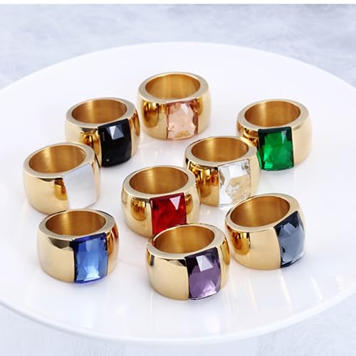 OIDIMS Stunning Large Statement Glass Crystal Rhinestone Band Cocktail Ring Cubic Zirconia Stainless Steel Thick Chunky for Women Men18k Gold Plated Friend Graduation Gift Evening Party - color: Champagne Gold, size: 8