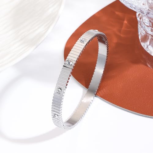 Women's Bracelet Stainless Steel Gold Plated Cuff Bangle Cube Zircon Hinge Jewelry oval Bangle Witness the Gift of Love - color: Zircon Silver Large 7"
