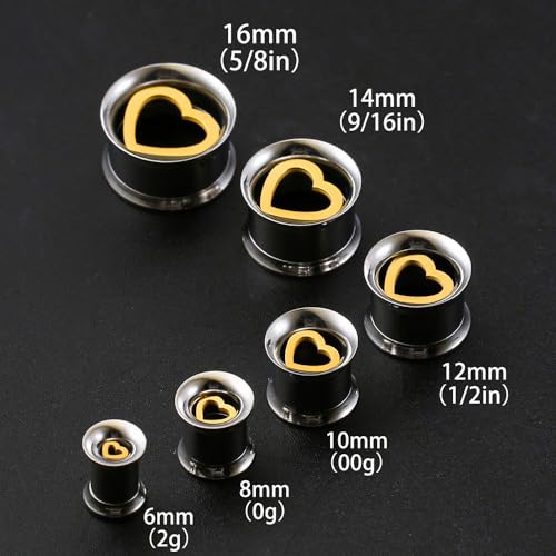 ARTFAN Ear Gauges Tunnels - 2PCS Stainless Steel Plugs for Stretched Ears, Cute Heart Ear Plugs Gauges for Women Men, Hypoallergenic Body Piercing Jewelry - size: 00g (10mm)