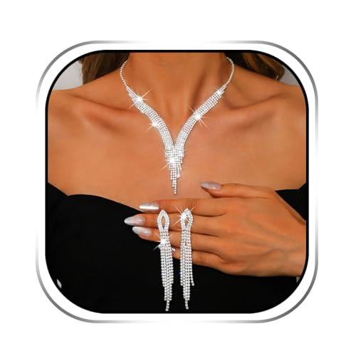 Sixexey Rhinestone Bridal Jewelry Set Silver Wedding Jewelry for Women | Sparkly Necklace Earrings Prom Party Jewelry Accessories for Women