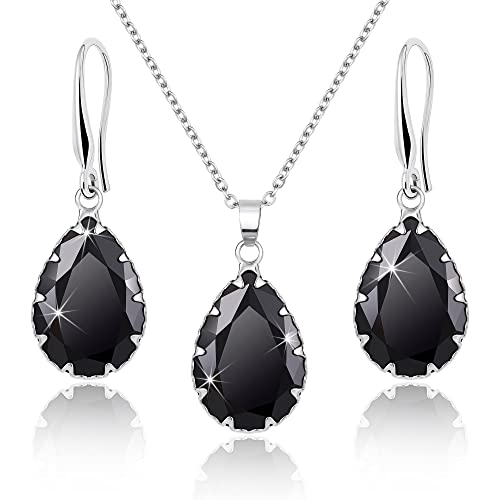 Linawe Crystal Jewelry Sets for Women, Imitation Diamond Pendant Necklace, Rhinestone Drop Dangle Earrings, Birthstone Cubic Zirconia Matching Wedding Jewelry, 14K Gold/Rose Gold/Silver Tones - color: Silver,Black Queen