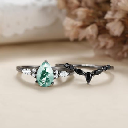 Moss Agate Bridal Wedding Rings Set for Women 925 Sterling Silver | Plated Platinum/Black Gold, Gothic, Vintage, Engagement Promise Ring, Anniversary Valentine Day Birthday Gift for Her - style: Black Gold Plating Cluster Ring