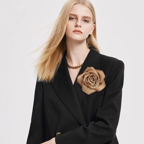 Satin Rose Flower Large Brooch Lapel Pins Handmade Fabric Flower Brooches Pin Classic for Wedding Party Dance Banquet for Women Men Dress Suit Clothes Accessories JewelryGifts 110mm - color: Khaki