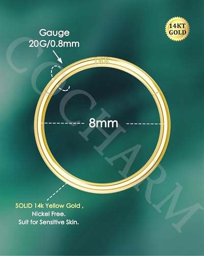 14K Solid Gold Nose Rings, Yellow Gold, 18g/16g/20g | For Women Man, Real Gold, 14Kt, Tiny Seamless Hoop, Nose Piercing, Cartilage Earring, Hypoallergenic - color: HoopA, size: 20g-8mm