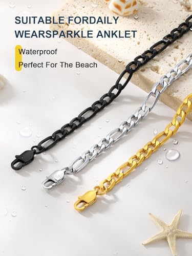 ChainsPro Resizable Anklet Chain for Women Men, Figaro/Wheat/Twist Rope/Cuban Foot Bracelet-Strong with Good Clasp-18K Gold Plated(Send Gift Box) - color: 07:figaro-6mm-gold plated