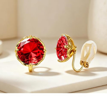 Round Austrian Crystal Clip On Earrings for Women Non Pierced Earrings, Hypoallergenic Clip-on Earrings Jewelry Gift for Sensitive Ears - color: Red