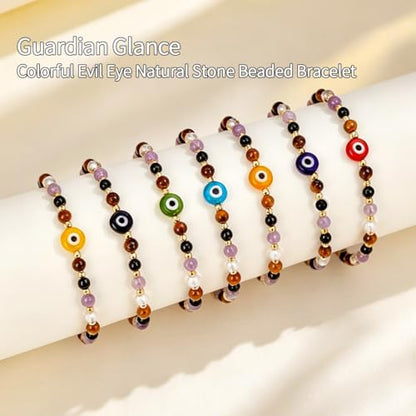ROYONE Evil Eye Bracelets - 5 Healing Crystals Gift Set，Adjustable Natural Stone Jewelry for Anxiety Relief & Good Luck - color: blue