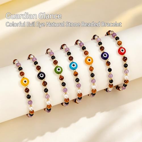 ROYONE Evil Eye Bracelets - 5 Healing Crystals Gift Set，Adjustable Natural Stone Jewelry for Anxiety Relief & Good Luck - color: Lake blue