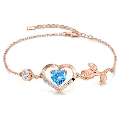1CT Rose Heart Birthstone Bracelet for Women Love Gift - style: 03/12-Mar/Dec Light Blue Rose Gold