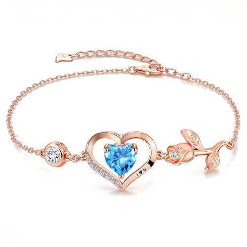 1CT Rose Heart Birthstone Bracelet for Women Love Gift - style: 03/12-Mar/Dec Light Blue Rose Gold