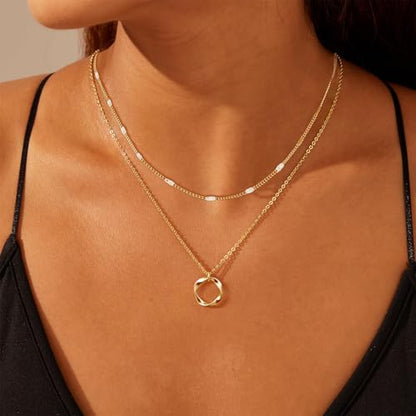 OGD Layered CZ Rondelle Pendant Necklaces for Women, 14K Gold Plated Trendy Mariner Chain Dainty Circle Rondelle Pendant Choker Necklace for Women Two-Toned Cubic Zirconia Gold Necklace - color: Gold Circle Layered-3PCS