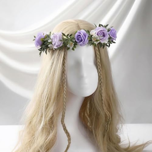 Fairy Purple Flower Crown Headband, Boho Rose Floral Headpiece | Artificial, Adjustable Fairy Woodland Headbands, Women Maternity Wedding Renaissance Festival Birthday Party Accessories - color: White-purple