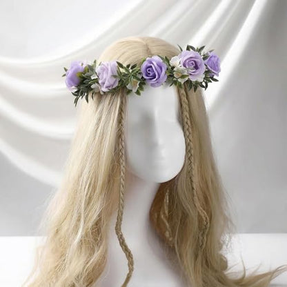 Fairy Purple Flower Crown Headband, Boho Rose Floral Headpiece | Artificial, Adjustable Fairy Woodland Headbands, Women Maternity Wedding Renaissance Festival Birthday Party Accessories - color: White-purple