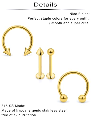 Lip Rings 32PCS Labret Jewelry Monroe Lip Barbell Ring Snake Bite Piercing Jewelry 16G Helix Earring Daith Tragus Cartilage Studs Surgical Steel Piercing Jewelry for Women Men - color: 32pcs,16 gauge,goldtone