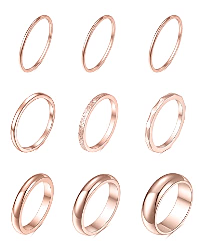 Tornito 9Pcs Stackable Eternity Ring Stainless Steel Band Knuckle Engagement Wedding Ring Size 4-10 for Women Silver Rose gold Tone - color: Rose gold tone