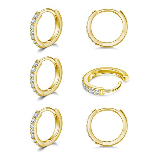 3 Pairs 925 Sterling Silver Small Hoop Earrings for Women Men | Cubic Zirconia, 14K White Gold Plated Huggie Hoop Earrings, Hypoallergenic - style: I-gold 3 pairs 10mm