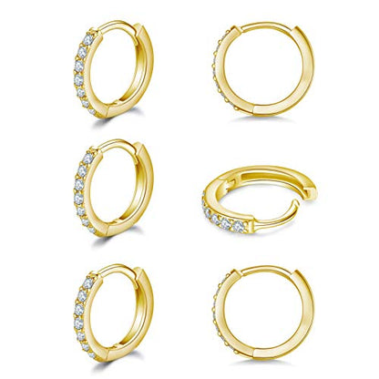 3 Pairs 925 Sterling Silver Small Hoop Earrings for Women Men | Cubic Zirconia, 14K White Gold Plated Huggie Hoop Earrings, Hypoallergenic - style: I-gold 3 pairs 10mm