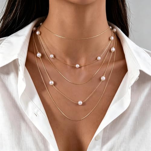 Long Layered Pearl Necklace for Women Big Large Beaded Statement Charm Necklace,Strand Multiple Strand Pearl Choker, Shirt & Sweater Wedding Party Jewelry Gifts - color: pearl-Five