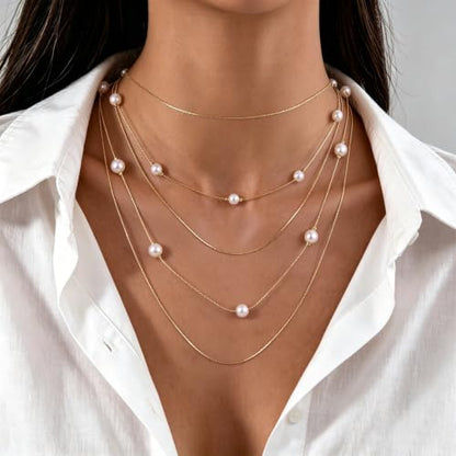 Long Layered Pearl Necklace for Women Big Large Beaded Statement Charm Necklace,Strand Multiple Strand Pearl Choker, Shirt & Sweater Wedding Party Jewelry Gifts - color: pearl-Five