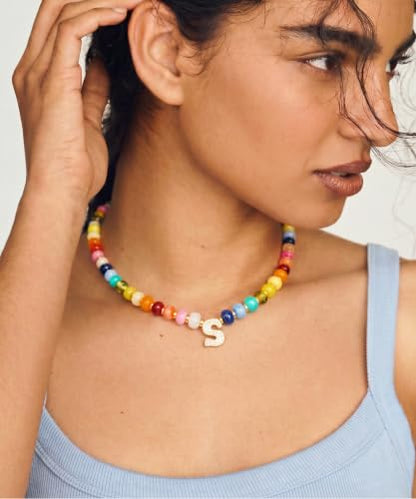 Colorful Beaded Initial Necklace for Women - Colorful Letter A-Z Necklaces, 14K Gold Plated Zirconia Bubble Letter Charm, Women Gold Jewelry Personalized Birthday Gifts - color: S