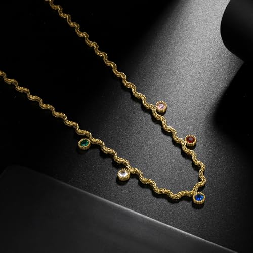 Hipunk Women Gold Plated Stainless Steel Wave Rope Chain Collar Necklace with Colorful Zirconia Flower Heart Charms Choker, Adjustable 16+2 Inch - color: round