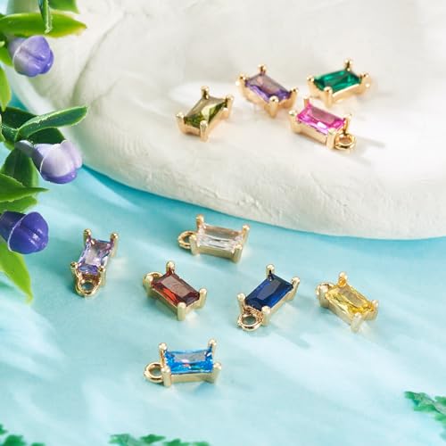 Beadthoven 10pcs Real 18K Gold Plated Rectangle Crystal Charms Pendants Micro Pave Cubic Zirconia Birthstone Charms Mini Necklace Pendants for Jewelry Making Bracelets Choker Earrings DIY Crafts - color: Mini Rectangle