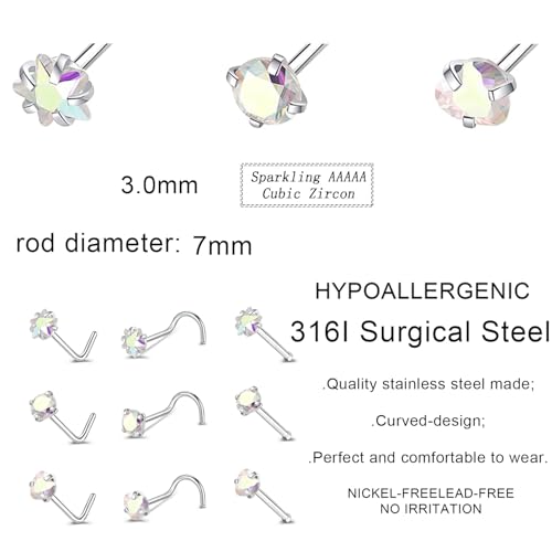 9PCS 20g Stainless Steel 316L Nose Studs Set | Hypoallergenic L-Shaped Screw & Bone Nose Rings, Round Heart Star Pink Cubic Zirconia Nose Piercing Jewelry for Women Men - style: studs003