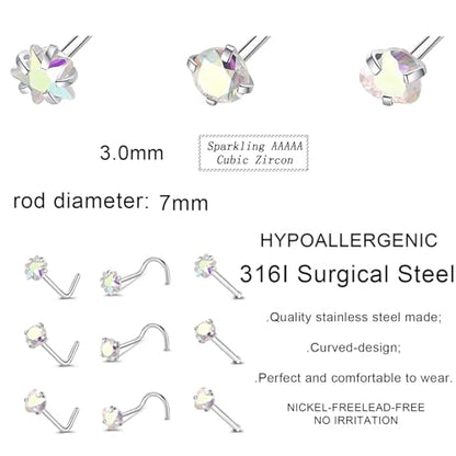 9PCS 20g Stainless Steel 316L Nose Studs Set | Hypoallergenic L-Shaped Screw & Bone Nose Rings, Round Heart Star Pink Cubic Zirconia Nose Piercing Jewelry for Women Men - style: studs003