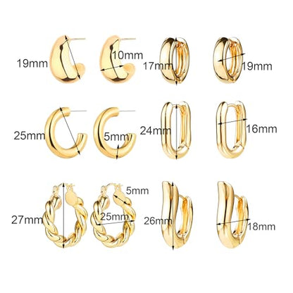 6 Pairs Gold Hoop Earrings for Women, 14K Gold Plated Huggie Hoop Earrings Set Hypoallergenic Lightweight Chunky Open Hoops Jewelry for Gift - color: Gold