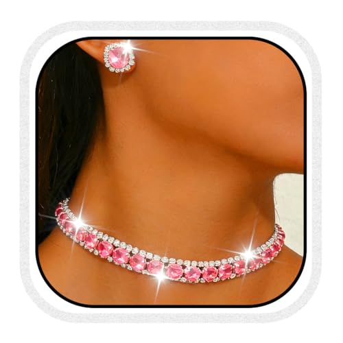 CLOACE Rhinestone Bridal Wedding Jewelry Set Sparkly Chocker Necklaces Earrings Prom Jewelry Accessories for Women - color: Pink