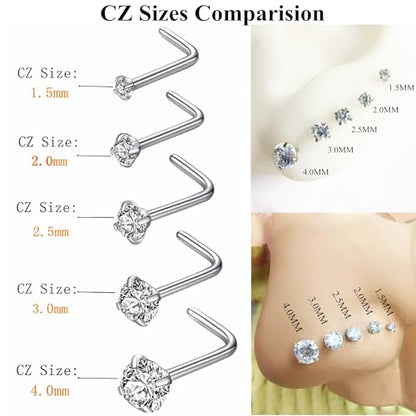 316L Surgical Steel 22g/20g/18g Nose Rings Studs L-Shape Nose Nostrial Piercing Body Jewerly L Shaped Nose Studs 1.5mm 2mm 2.5mm 3mm CZ Nose Screw Studs Rings for Women - style: 6pcs/L-shape/20g/3.0mm Clear CZ/Silver